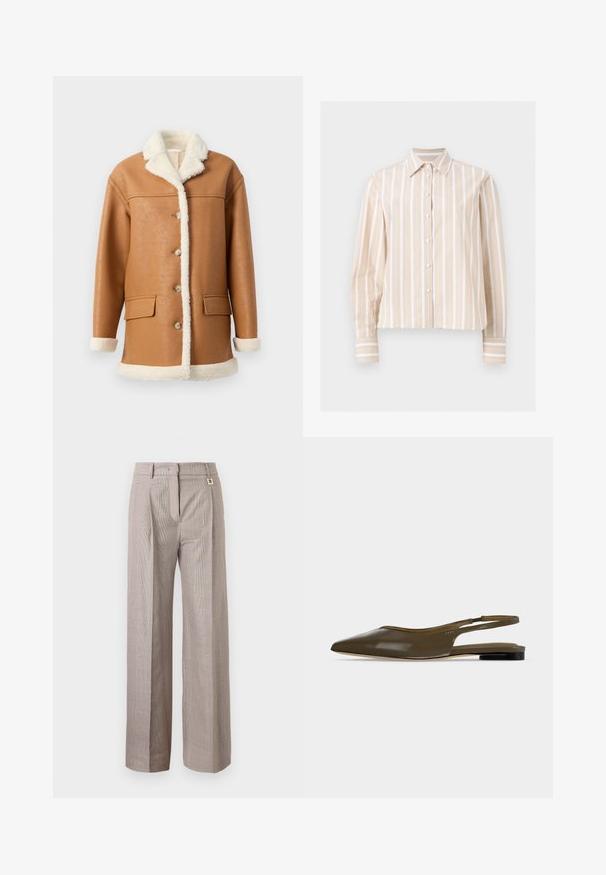 Tan faux læderjakke med cremet sherpa-fôr, krave, manchetter og kant, med knapper foran og to klaplommer.; Beige og hvid langærmet skjorte med vertikale striber, spidst krave og knapper ved manchetter, vist på en lys flad baggrund.; Højtaljede bukser med vidde i benene i beige og brunt ternet mønster, med forkanter, bærestropper og skjult frontlukning.; Olivengrøn spids tå slingback flad sko med lav sort hæl og en glat, skinnende finish.