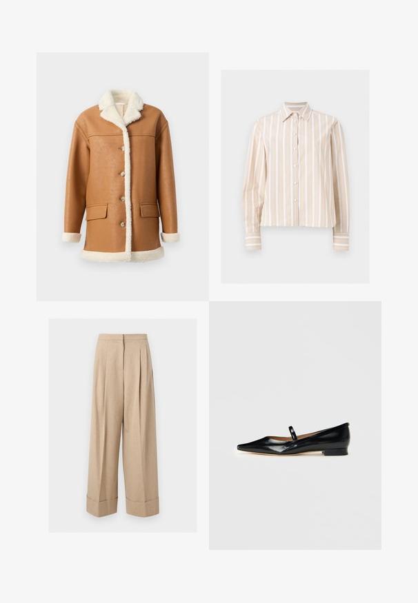 Tan faux læderjakke med cremet sherpa-fôr, krave, manchetter og kant, med knapper foran og to klaplommer.; Beige og hvid langærmet skjorte med vertikale striber, spidst krave og knapper ved manchetter, vist på en lys flad baggrund.; Beige bukser med vide ben og høj talje, med forreste plisseringer og brede manchetter ved kanten, vist på en hvid baggrund.; Sorte patenterede læder Mary Jane flade sko med spids tå, én rem og lav hæl på ensfarvet baggrund.