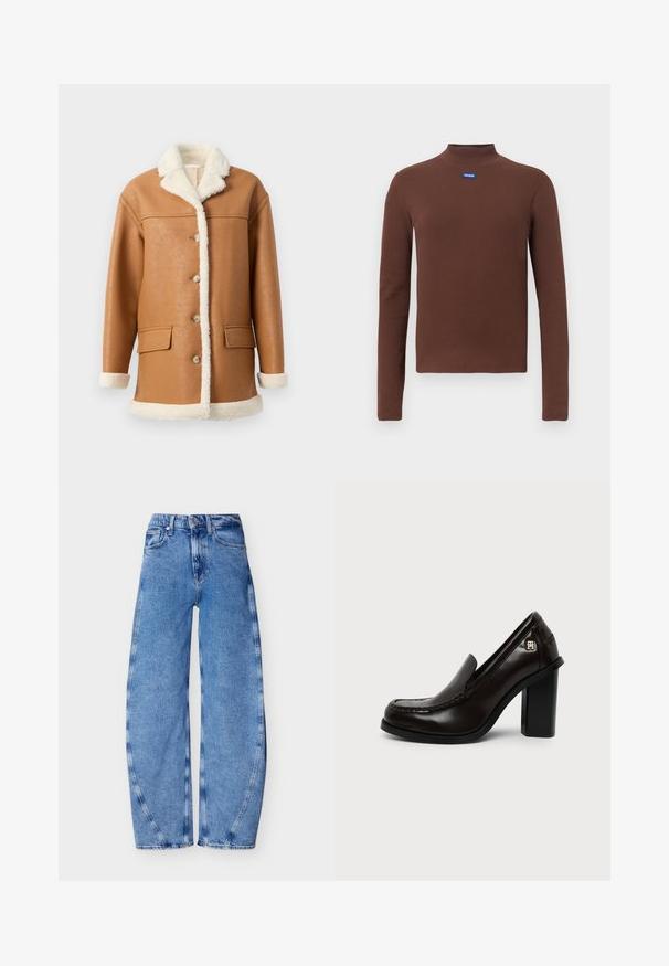 Tan faux leren jas met crèmekleurige sherpa voering, kraag, manchetten en zoom, voorzien van knopen aan de voorkant en twee klepzakken.; Bruine top met lange mouwen en col, gemaakt van geribbelde stof. Heeft een blauw logoplaatje op de borst. Eenvoudig ontwerp met een aansluitend silhouet.; Blauwe denim jeans met hoge taille en brede pijpen, voorzakken, riemlussen en knoopsluiting, afgebeeld tegen een witte achtergrond.; Zwarte leren loafer met hoge blokhak en klein metalen logo aan de zijkant tegen een effen achtergrond.