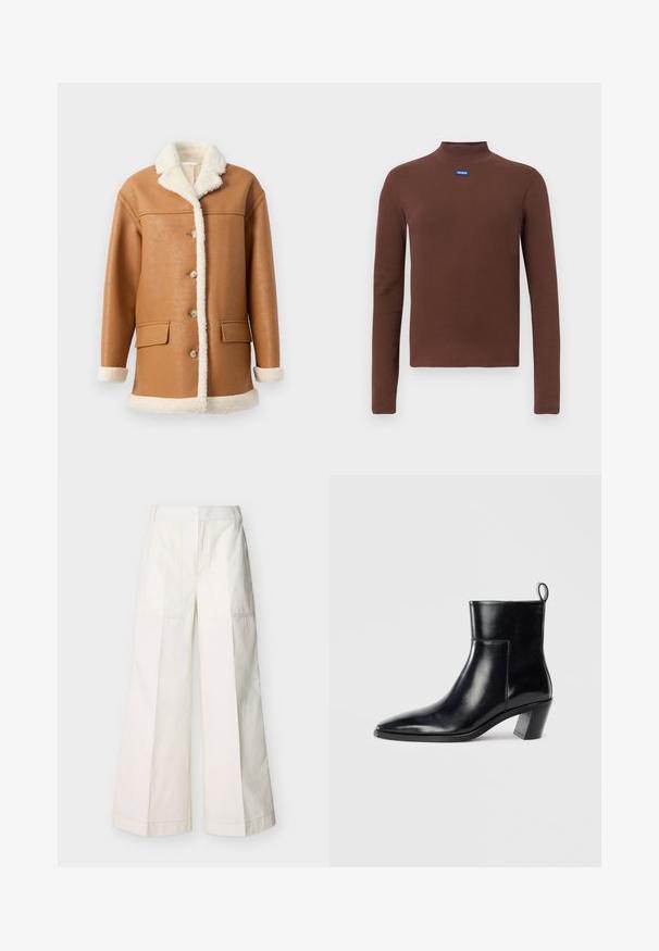Tan faux læderjakke med cremet sherpa-fôr, krave, manchetter og kant, med knapper foran og to klaplommer.; Brun langærmet turtleneck top lavet af ribstrikket stof. Har en blå logo-patch på brystet. Simpelt design med tætsiddende silhuet.; Bukser med vide ben i hvid bomuld, med forlommer og detaljerede syninger. Glat tekstur med et rent, minimalistisk design.; Sort læder ankelstøvle med spids tå, geometrisk stablet hæl og en løftestrop bagpå. Glat tekstur og slankt design.