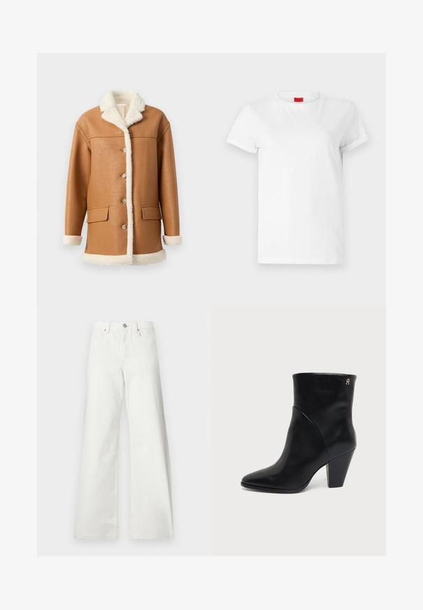 Tan-farbenem Kunstledermantel mit einer cremefarbenen Sherpa-Polsterung, Kragen, Bündchen und Saum, ausgestattet mit vorderen Knöpfen und zwei Klappentaschen.; Weißes Kurzarm-T-Shirt aus leichtem Baumwollstoff. Hat einen runden Halsausschnitt und umgeschlagene Ärmel. Rotes Logo-Tag am Kragen.; Weiße Jeans mit hoher Taille und weitem Bein, mit Knopfverschluss vorne, Gürtelschlaufen und Vordertaschen auf einfachem Hintergrund.; Schwarzer Lederknöchelstiefel mit spitz zulaufender Zehenpartie, Blockabsatz und kleinem goldenen Logo nahe der oberen Kante an der Außenseite.