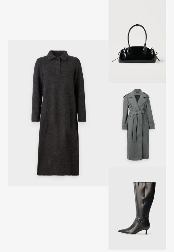 Trench-coat gris en mélange de laine avec une taille ceinturée, de larges revers et des épaulettes. Comprend des poches latérales et un design à simple boutonnage.; Robe tricotée gris foncé avec un col, des manches longues et trois boutons sur le devant ; arrive au milieu du mollet avec une coupe droite et une texture douce.; Botte en cuir noire montant jusqu'au genou, avec un bout pointu et un petit talon bas, présentée sur un fond clair uni.; Petit sac à main noir brillant avec deux longues anses et des détails à cordon sur les côtés sur un fond clair uni.