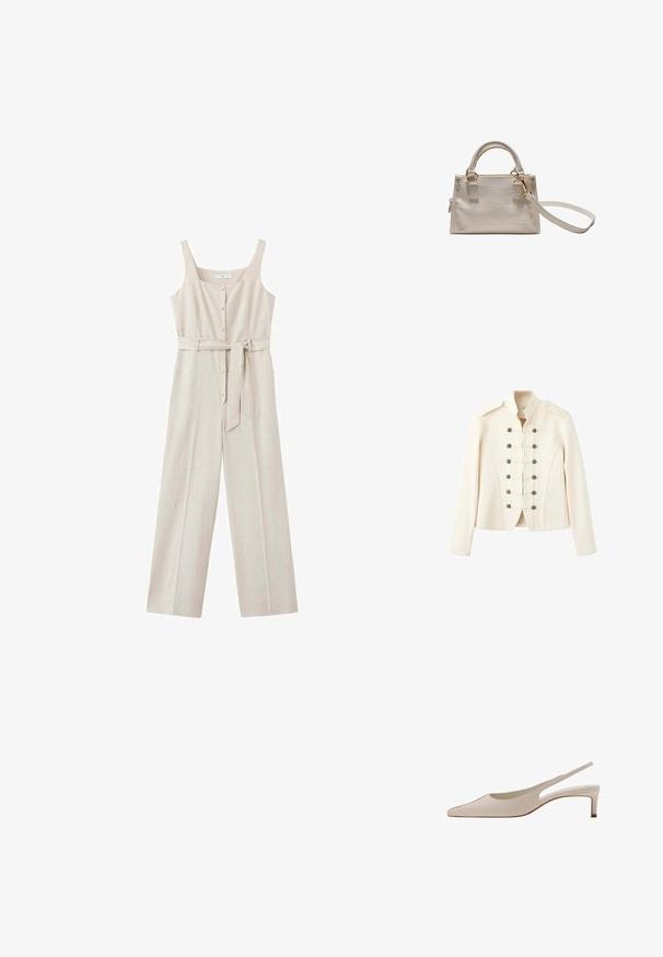 Veste style militaire blanc cassé avec col montant et deux rangées de boutons métalliques décoratifs à l'avant.; Combinaison beige sans manches avec jambes larges, fermeture boutonnée sur le devant, encolure carrée et ceinture en tissu assorti nouée à la taille.; Chaussure slingback en cuir beige avec bout pointu et petit talon bloc, vue de côté sur fond blanc.; Petit sac à main en cuir beige avec poignées supérieures et bandoulière détachable, équipé de ferrures dorées et d'une forme rectangulaire structurée.