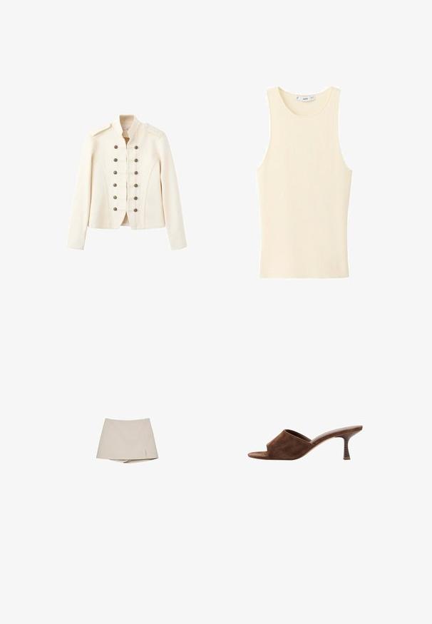 Veste style militaire blanc cassé avec col montant et deux rangées de boutons métalliques décoratifs à l'avant.; Débardeur côtelé de couleur crème, sans manches, avec un col rond et une petite étiquette de marque à l'intérieur du col au dos.; Jupe-culotte beige pour femmes avec une légère fente avant et un short intégré en dessous, présentée sur un fond blanc.; Mule en daim marron à bout ouvert, talon en bois incurvé de hauteur moyenne et design à enfiler sur fond blanc.