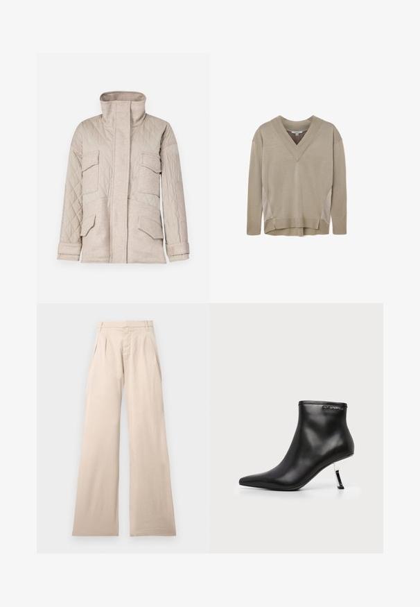 Quiltet beige jakke med høj krave, fire forlommer og kontrast i tekstur. Folder ved ærmerne tilføjer detalje.; Beige langærmet V-hals sweater med ribbede manchetter og kant, med sideliner og let høj-lav kantdetalje.; Beige vide bukser lavet af bomuld, med bukser foran og en glat tekstur. Designet inkluderer en standard talje og ingen synlig mønster.; Sort læder ankelstøvle med spids tå og en blank sølv stilethæle på en hvid baggrund.