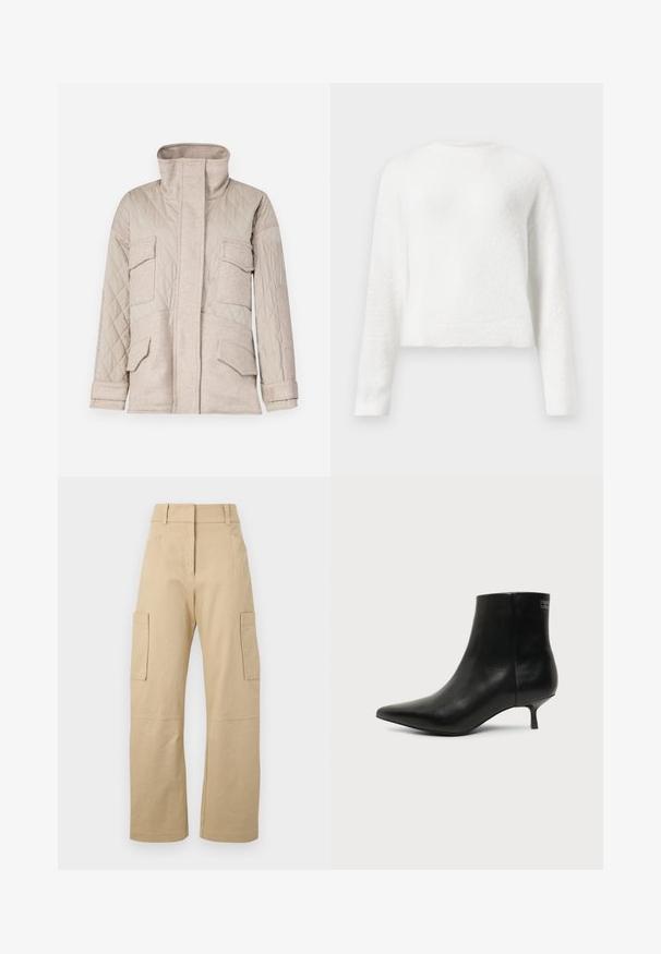 Quiltet beige jakke med høj krave, fire forlommer og kontrast i tekstur. Folder ved ærmerne tilføjer detalje.; Hvid langærmet fuzzy crewneck sweater med en let cropped pasform og tekstureret stof.; Beige cargo bukser lavet af bomuld, med høj talje, vide ben, to sidelommer og to store cargolommer på lårene.; Sort læder ankelstøvle med spids tå og lav kitten hæl på lys baggrund, der viser yderside.
