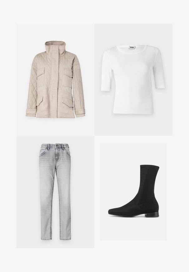 Beige gewatteerde jas met hoge kraag, vier frontzakken en een contrasterende textuur. Vouwen bij de mouwen zorgen voor extra detail.; Witte geribde T-shirt met een ronde halslijn en ellebooglange mouwen. Gemaakt van zacht materiaal met een gladde textuur. Label zichtbaar bij de halslijn.; Grijze spijkerbroek met een klassieke snit, voorzien van een knoopsluiting, vijf zakken en subtiele vervaging voor textuur. Rechthoekige pasvorm.; Zwarte enkellaars met een glad, rekbaar stoffen bovenwerk en een lage gestapelde hak. Heeft een puntige neus en een naadloos ontwerp.