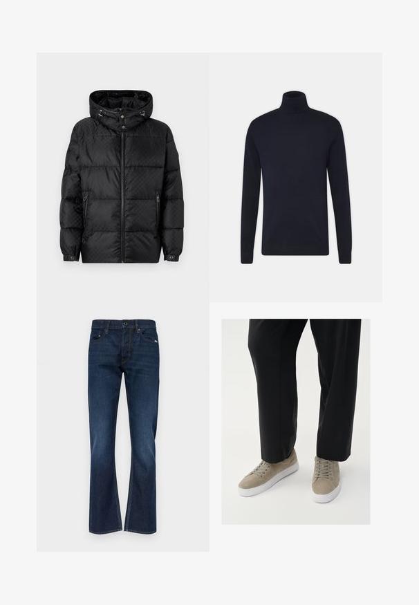 Mustapumppu takki hupulla, kaksinkertainen muotoilu, edessä vetoketju ja sivutaskut. Varustettu hopeansävyisellä metalliosalla ja joustavilla hihansuilla.; Merenkblu turtleneck neulepaito sileässä neuloksessa, jossa on pitkät hihat ja kiinnitetty muoto. Ei lisäkuvioita tai yksityiskohtia.; Tummansiniset farkut, joissa on suora lahje, viisi taskua, vyölenkit ja kontrastiväriset ompeluyksityiskohdat.; Vaaleanharmaat nahkasneakerit, joissa on valkoinen kumipohja, pyöreät nauhat ja minimalistinen muotoilu, yhdistetty mustiin housuihin.