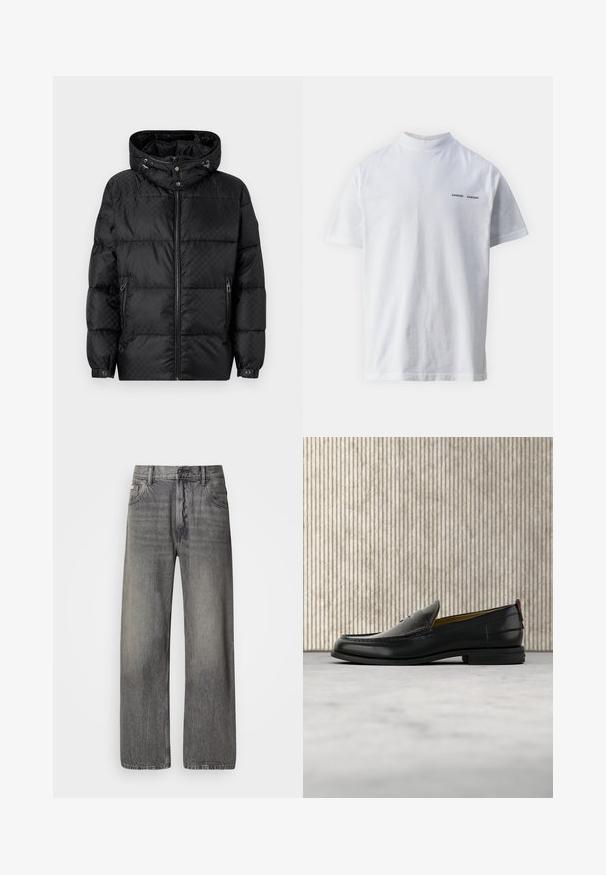 Schwarze Pufferjacke mit Kapuze, gestepptem Design, Frontreißverschluss und Seitentaschen. Mit silberner Hardware und elastischen Bündchen.; Weißes Baumwoll-T-Shirt mit hohem Ausschnitt und kurzen Ärmeln. Mit schwarzem "SAMSØE SAMSØE" Logo auf der Vorderseite. Glatte Textur.; Weit geschnittene Jeans aus dunkelgrauem Denim mit ausgewaschenem Finish. Verfügt über klassisches Fünf-Taschen-Design und Gürtelschlaufen.; Schwarzer Herren-Slipper aus Leder mit einer krokogeprägten Vorderkappe und einem niedrigen Absatz, im Profil vor neutralem Hintergrund gezeigt.