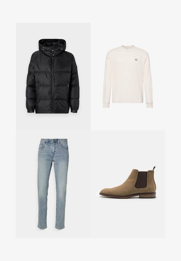 Schwarze Pufferjacke mit Kapuze, gestepptem Design, Frontreißverschluss und Seitentaschen. Mit silberner Hardware und elastischen Bündchen.; Weißer Strickpullover mit langen Ärmeln, rundem Ausschnitt und kleinem beigen Calvin Klein Logo-Patch auf der linken Brust.; GAP SOFT ALAMOSA - Jeans Slim Fit - light wash; Pier One Stiefelette - beige