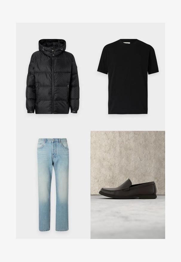 Schwarze Pufferjacke mit Kapuze, gestepptem Design, Frontreißverschluss und Seitentaschen. Mit silberner Hardware und elastischen Bündchen.; Schwarzes kurzärmliges T-Shirt aus Baumwolle mit Rundhalsausschnitt und lockerer Passform. Sanfte Textur, keine Muster oder sichtbaren Logos.; Helle blaue Jeans aus Denim mit geradem Bein, fünf Taschen und einem ausgewaschenen Effekt an den Oberschenkeln.; Dunkelbraune Lederloafer mit einer runden Zehenpartie, dezenten Nähdetails und einer niedrigen Gummisohle. Glatte Textur mit flexibler Passform.