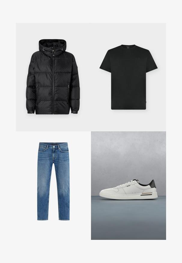 Schwarze Pufferjacke mit Kapuze, gestepptem Design, Frontreißverschluss und Seitentaschen. Mit silberner Hardware und elastischen Bündchen.; Schwarzes, schlichtes T-Shirt mit kurzen Ärmeln und Rundhalsausschnitt, mit dezent geprägt eingestelltem Markenlogo auf der linken Brustseite und kleinem Seitenschild.; Hellblaue Denim-Jeans mit geradem Bein, ausgewaschenem Look, fünf Taschen, kontrastierender Nähte und einem vorderen Knopfverschluss.; Weißer Sneaker mit niedrigem Schnitt und schwarzer Ferse, Schnürverschluss, dezenten Perforationen und "BOSS"-Logo an der Seite, gezeigt von der äußeren Seitenansicht.