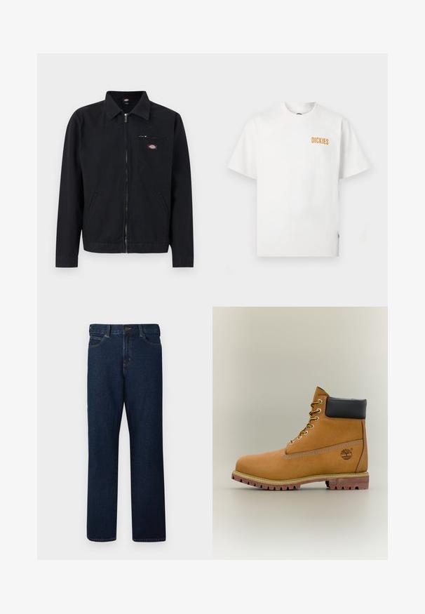 Veste noire zippée avec col, deux poches latérales et une petite poche poitrine zippée avec un patch logo circulaire.; T-shirt blanc à manches courtes avec col rond, petit logo orange "DICKIES" sur la partie supérieure gauche de la poitrine.; Jean droit en denim bleu foncé avec fermeture éclair et bouton, cinq poches et surpiqûres contrastantes. Finition nette à l'ourlet.; Bottine en cuir marron avec col noir, lacets jaunes et semelle beige. Présente un logo et des détails de couture blanche. Semelle extérieure à traction robuste.