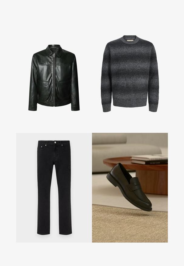 Sort læderjakke med lynlås, to frontlommer og skræddersyet krave. Glat tekstur med synlige syninger.; Mørkegrå herresweater med rund hals, lange ærmer og et diskret horisontalt gradientmønster i tekstureret strik.; Sorte jeans med lige ben, fem lommer og subtile slidte detaljer på en ensfarvet lys baggrund.; Sort læderloafer vist i luften over en beige vævet tæppe, med et træbord og stablede bøger i et blødt oplyst stue.