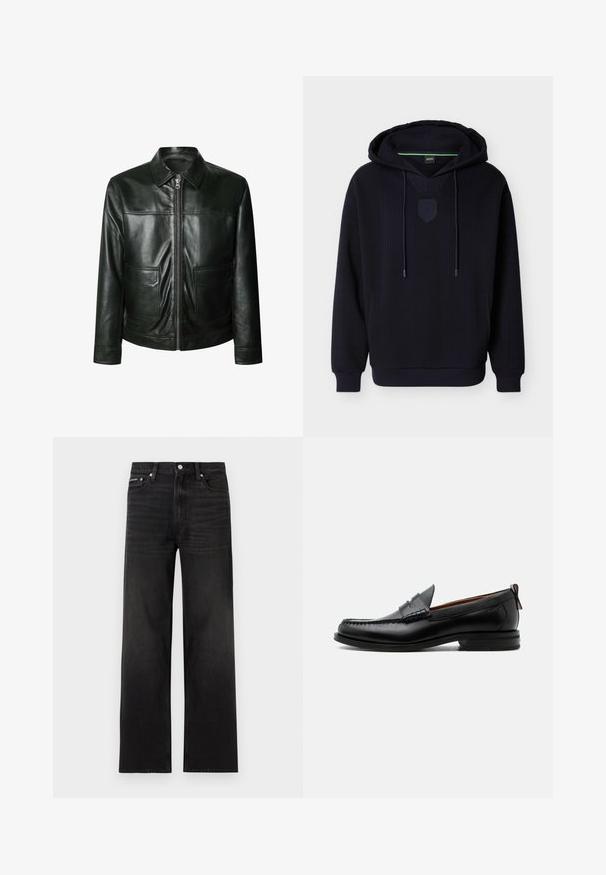 Veste en cuir noir avec fermeture éclair, deux poches avant et un col ajusté. Texture lisse avec des détails de couture visibles.; Sweat à capuche bleu marine foncé avec texture côtelée, écusson brodé du logo, cordons de serrage et poche kangourou. Comprend des poignets et un ourlet élastiques.; Jean noir droit avec cinq poches, passants pour ceinture et fermeture par bouton, présenté sur un fond blanc.; Mocassin homme en cuir noir avec couture moc toe, bride penny, col texturé et petit talon empilé sur fond blanc.