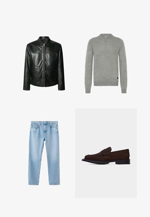 Sort læderjakke med lynlås, to frontlommer og skræddersyet krave. Glat tekstur med synlige syninger.; Solid grå sweater lavet af blødt strikstof. Har en rund halsudskæring, lange ærmer og ribkantede manchetter og kant. Subtil tekstur.; Lyseblå denimjeans med lige snit, fem-lomme-design og subtile falmninger. Har en øverste knap og lynlås.; Brun læder-slip-on loafer med syninger og sort sål, vist i sideprofil mod en ensfarvet hvid baggrund.