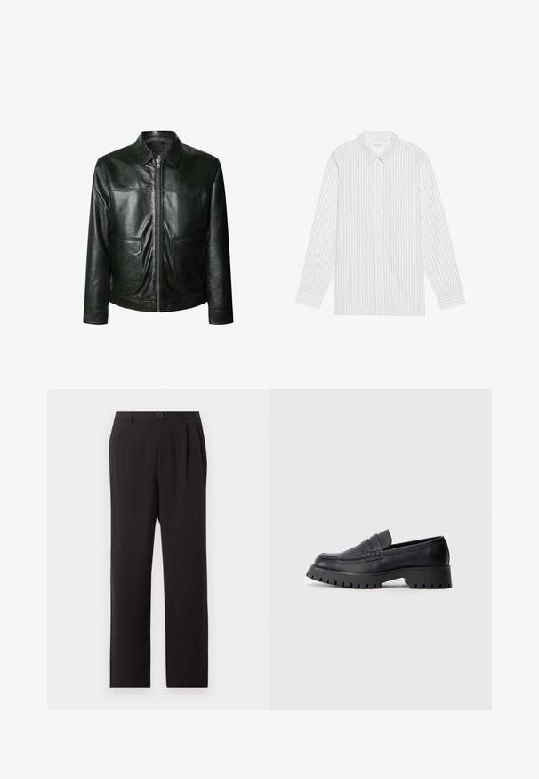 Chaqueta de cuero negro con cierre de cremallera, dos bolsillos delanteros y un cuello a medida. Textura suave con detalles de costura visibles.; Camisa blanca de botones con finas rayas verticales negras, que presenta un cuello clásico y mangas largas con puños abotonados.; Pantalones negros de talle alto confeccionados a medida con pliegues, cierre de botones, trabillas para cinturón y piernas rectas sobre un fondo claro y liso.; Mocasines de cuero negro con punta redondeada, que presentan una correa decorativa y una suela de goma gruesa con surcos profundos para mayor tracción.