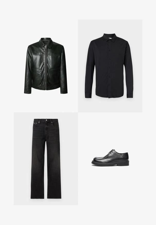 Chaqueta de cuero negro con cierre de cremallera, dos bolsillos delanteros y un cuello a medida. Textura suave con detalles de costura visibles.; Camisa negra de manga larga con botones, que cuenta con cuello, botones frontales y una tela lisa de acabado mate. Sin patrones ni detalles visibles.; Jeans negros de pierna recta con diseño de cinco bolsillos, presillas para cinturón y cierre de botón, mostrados sobre un fondo blanco.; Zapatos de cuero negro con punta redonda, acentos de costura recta y suela de goma de perfil bajo. Diseño clásico y limpio, cierre con cordones.