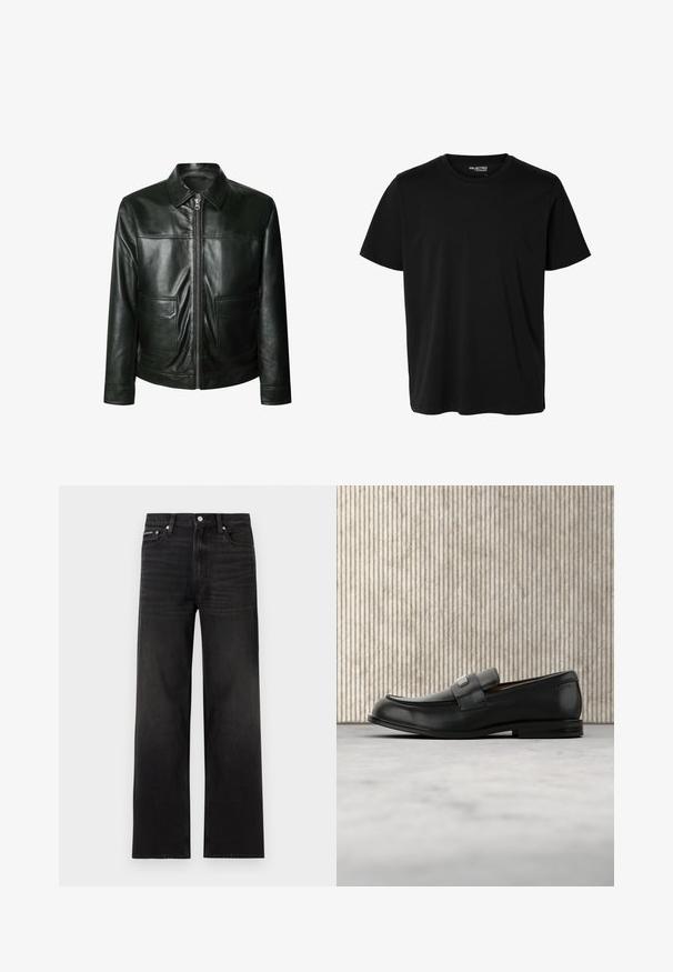 Veste en cuir noir avec fermeture éclair, deux poches avant et un col ajusté. Texture lisse avec des détails de couture visibles.; T-shirt noir uni à manches courtes et col rond pour homme, sans motifs ni logos visibles à l’avant.; Jean noir droit avec cinq poches, passants pour ceinture et fermeture par bouton, présenté sur un fond blanc.; Mocassin en cuir noir avec une plaque de marque en métal reposant près d'une table ronde marron sur un sol recouvert de moquette beige.