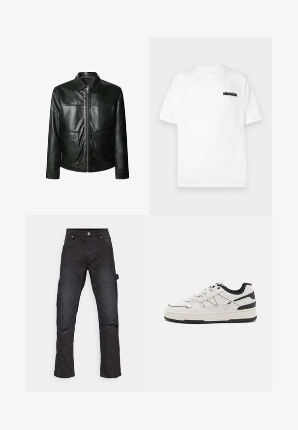 Sort læderjakke med lynlås, to frontlommer og skræddersyet krave. Glat tekstur med synlige syninger.; Hvid bomulds T-shirt med rund halsudskæring, korte ærmer og en minimal sort grafik trykt på brystet. Blød tekstur og standard pasform.; Sorte denim cargo bukser med lige pasform, der har slidte knæ og en sidelomme, lavet af slidstærkt tekstureret stof.; Hvide lædersneakers med en sort hælaccent, tekstureret sål og syede detaljer. Har snørebånd foran og sidelister.