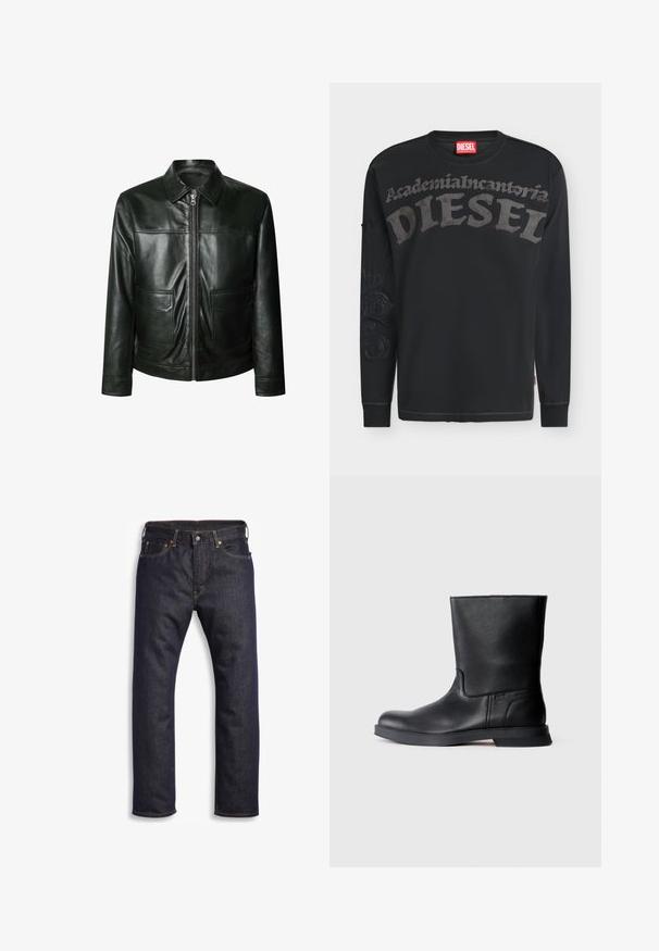 Sort læderjakke med lynlås, to frontlommer og skræddersyet krave. Glat tekstur med synlige syninger.; Sort langærmet Diesel sweatshirt med stor grå tekst "Academia Incantoria DIESEL" over brystet og subtilt design på venstre ærme.; Mørkeblå denimjeans med lige snit, fem-lomme design, metalbeslag og kontrasterende orange syninger. Glat tekstur, ingen synlige mønstre.; Sorte læder ankelstøvler med tekstureret overflade, rund tå og lav gummisål. Enkel design uden synlig hardware eller udsmykninger.