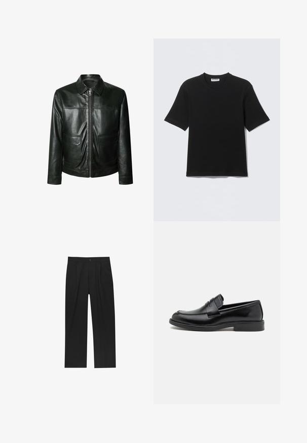 Veste en cuir noir avec fermeture éclair, deux poches avant et un col ajusté. Texture lisse avec des détails de couture visibles.; T-shirt noir à manches courtes avec col rond, portant une étiquette "WEEKDAY" à l'intérieur du col, présenté à plat sur un fond clair.; Pantalons noirs au design droit, fabriqués à partir d'un tissu lisse. Dotés de plis sur le devant et d'une fermeture à un bouton à la taille.; Mocassins en cuir noir avec un bout arrondi, des détails cousus sur le cou-de-pied et une semelle en caoutchouc plate pour l'adhérence. Texture lisse dans l'ensemble.