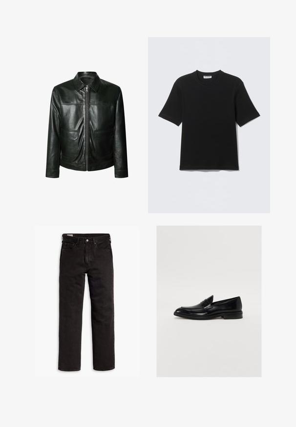 Schwarze Lederjacke mit Reißverschluss, zwei Vorder- taschen und maßgeschneidertem Kragen. Glatte Textur mit sichtbaren Nahtdetails.; Schwarzes T-Shirt mit kurzen Ärmeln und Rundhalsausschnitt, mit einem "WEEKDAY"-Etikett innen am Kragen, flach auf einem hellen Hintergrund liegend dargestellt.; Schwarze gerade Jeans aus Denim mit fünf Taschen, Knopfverschluss und Gürtelschlaufen, flach auf einem weißen Hintergrund ausgelegt.; Schwarze Lederloafers mit runder Zehenform, dezenten Nähten und glatter Oberfläche. Mit einem niedrigen, gestapelten Absatz und einem Riemen über dem Fußteil.