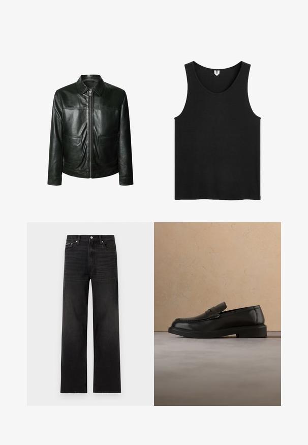 Chaqueta de cuero negro con cierre de cremallera, dos bolsillos delanteros y un cuello a medida. Textura suave con detalles de costura visibles.; Camiseta negra sin mangas con escote redondo, hecha de tela acanalada, mostrada extendida sobre un fondo blanco.; Jeans negros de pierna recta con diseño de cinco bolsillos, presillas para cinturón y cierre de botón, mostrados sobre un fondo blanco.; Zapato mocasín de cuero negro flotando sobre una alfombra beige tejida, con una mesa redonda de madera y un sofá al fondo.