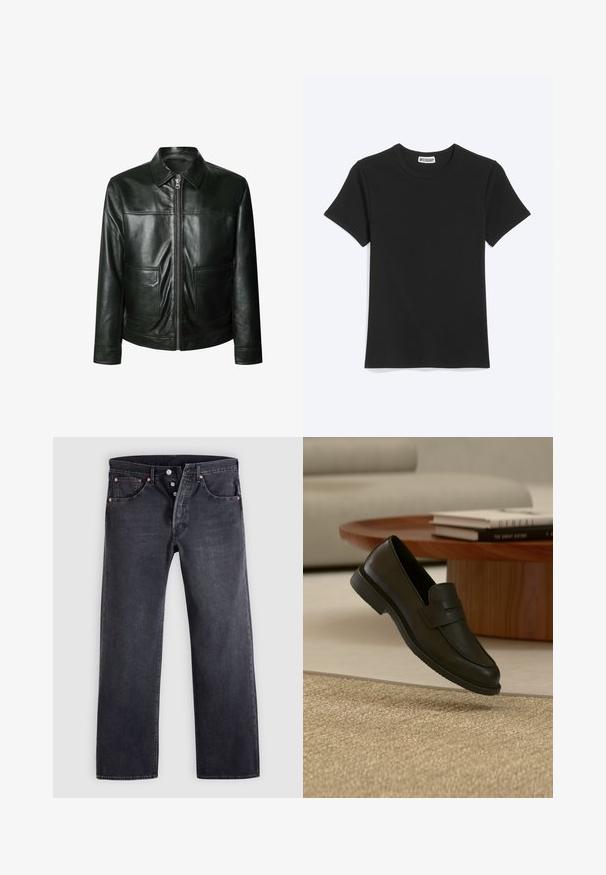 Chaqueta de cuero negro con cierre de cremallera, dos bolsillos delanteros y un cuello a medida. Textura suave con detalles de costura visibles.; Camiseta negra lisa de manga corta con cuello redondo y etiqueta de la marca Weekday dentro del cuello, mostrada sobre un fondo blanco.; Jeans vaqueros negros de corte recto, diseño de cinco bolsillos y detalles de botones de cobre. Textura suave con un acabado ligeramente desgastado.; Zapato mocasín de cuero negro mostrado en el aire sobre una alfombra beige tejida, con una mesa de madera y libros apilados en una sala de estar con luz suave.