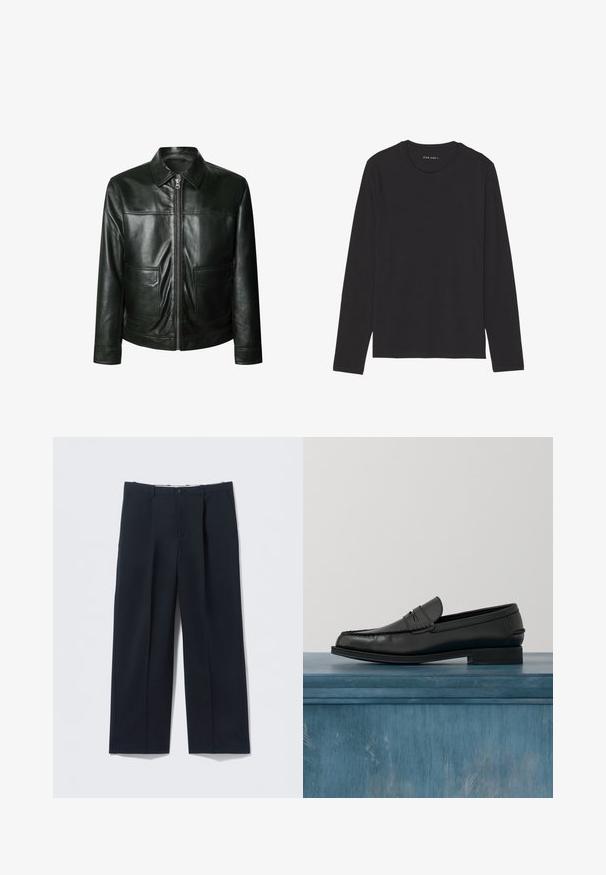 Chaqueta de cuero negro con cierre de cremallera, dos bolsillos delanteros y un cuello a medida. Textura suave con detalles de costura visibles.; Camiseta negra de manga larga hecha de tela suave y ligera. Presenta un cuello redondo y un dobladillo recto. Sin patrones ni adornos visibles.; Pantalones azul marino oscuros hechos de tela suave, con un ajuste entallado, dos bolsillos delanteros y cierre de botón.; Mocasines de cuero negro con un diseño elegante, que presentan una puntera cosida y un acabado suave. El zapato tiene un tacón bajo y detalles mínimos.