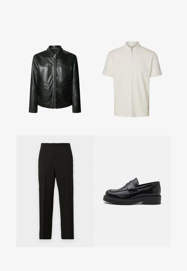 Sort læderjakke med lynlås, to frontlommer og skræddersyet krave. Glat tekstur med synlige syninger.; Hvid polo t-shirt med korte ærmer med lodret ribbet tekstur og en lynlåslukning foran under kraven.; Sorte skræddersyede bukser lavet af et glat stof, med lige snit, knaplukning og frontfolder for ekstra struktur.; Sorte læder loafers med en rund tå, dekorativ forkantssyning og en tyk gummisål. Glat tekstur med en poleret finish.