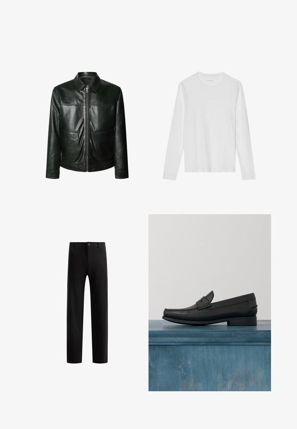 Chaqueta de cuero negro con cierre de cremallera, dos bolsillos delanteros y un cuello a medida. Textura suave con detalles de costura visibles.; Camiseta blanca de manga larga hecha de algodón suave, con cuello redondo y una textura lisa sin patrones ni detalles visibles.; Pantalones negros a medida con un diseño frontal plano, piernas rectas, cierre de botón único y presillas para cinturón, confeccionados en una tela suave sin patrones visibles.; Mocasines de cuero negro con punta redonda, costuras detalladas y un tacón cuadrado bajo. Textura suave y diseño minimalista.