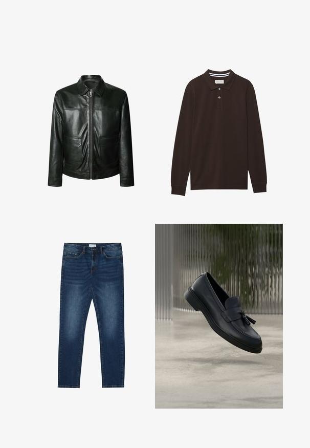 Sort læderjakke med lynlås, to frontlommer og skræddersyet krave. Glat tekstur med synlige syninger.; Langærmet poloshirt i mørkebrun bomuld med krave, tre-knaps lukning og hvide striber som accent. Glat tekstur.; Mørkeblå slim-fit jeans med falmede detaljer, klassisk fem-lomme design, knappelukning og bæltestropper.; Sorte læderloafers med en glat tekstur, en rundet tå og dekorative kvaster foran. Fleksibel gummisål med lav hæl.