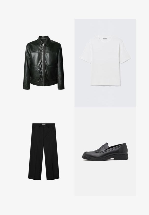Chaqueta de cuero negro con cierre de cremallera, dos bolsillos delanteros y un cuello a medida. Textura suave con detalles de costura visibles.; Camiseta blanca lisa de manga corta con cuello redondo y una pequeña etiqueta "WEEKDAY" en el interior del cuello trasero, mostrada sobre una superficie plana.; Pantalones negros de pierna ancha hechos de un material liso, con bolsillos delanteros, cierre de botón y una plancha a lo largo de cada pierna.; Mocasín de cuero negro con punta redondeada y detalles de costura. Cuenta con una suela plana y un ligero tacón para mayor elevación.