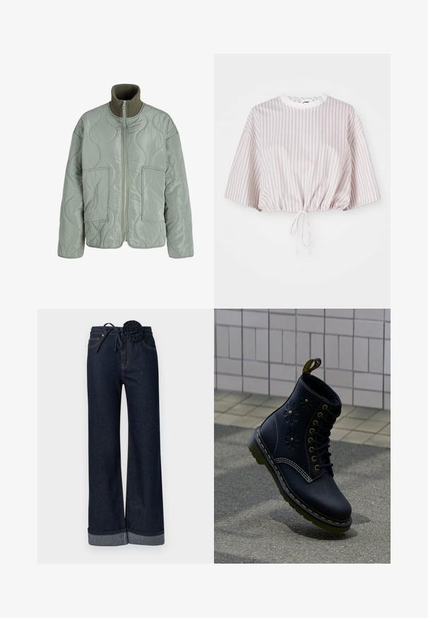 Lysegrøn quiltet jakke med fuld lynlås foran, to forlommer og krave i kontrastfarvet ribstrik i olivengrøn.; Kortærmet cropped top i lys lavendel med hvide vertikale striber. Har snoretræk i kanten for justerbar pasform.; Mørkeblå jeans med vide ben lavet af denim, med snørelukning i taljen med en roseformet detalje og opsmøgede kanter.; Enkelt sort læderstøvle med gul søm, præget blomsterdesign, sorte snørebånd og en gul trækflap, der står på tekstureret fortov.
