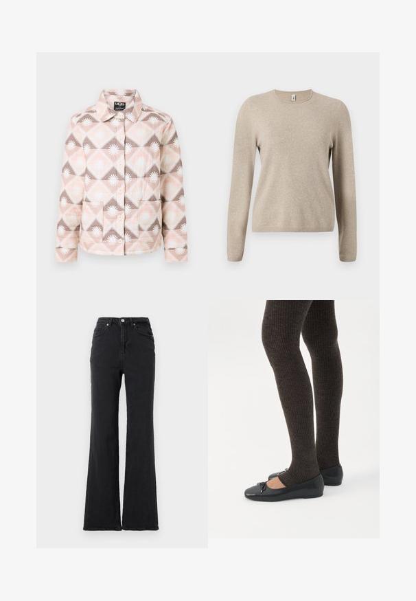 Gequilte jas met een geometrisch patroon in roze, beige en bruin. Voorzien van een kraag, knoopsluiting en twee voorkruiszakken.; Beige gebreide trui met lange mouwen, ronde hals en geribbelde manchetten. Zachte textuur met een subtiel gemêleerd patroon.; Zwarte high-waisted denimjeans met een uitlopende pijp, een knoop aan de voorkant en een vijf-pocket ontwerp tegen een effen witte achtergrond.; Benen met donkere geribbelde leggings gecombineerd met zwarte ballerina's met kleine strikdetails op een witte achtergrond.