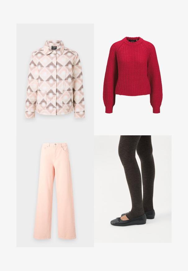 Gequilte jas met een geometrisch patroon in roze, beige en bruin. Voorzien van een kraag, knoopsluiting en twee voorkruiszakken.; Rode dikke gebreide trui met lange ballonmouwen en geribbelde ronde hals en manchetten, voorkant weergegeven op een witte achtergrond.; Lichtroze jeans met wijde pijpen, gemaakt van denim. Heeft een hoge taille, voorzakken en een knoopsluiting aan de voorkant. Heeft een gladde textuur en minimale stiksels.; Benen met donkere geribbelde leggings gecombineerd met zwarte ballerina's met kleine strikdetails op een witte achtergrond.