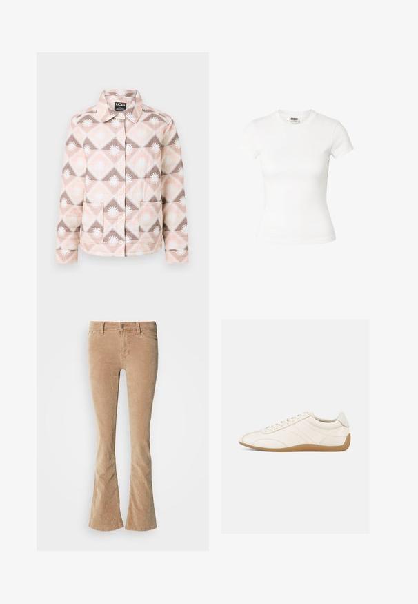 Gequilte jas met een geometrisch patroon in roze, beige en bruin. Voorzien van een kraag, knoopsluiting en twee voorkruiszakken.; Getailleerd wit T-shirt met korte mouwen en ronde hals met Urban Classics-label aan de binnenkant van de hals.; Beige flaired corduroy broek met een textuur oppervlak, vijf zakken ontwerp en een metalen knoopsluiting met een ritssluiting.; Witte leren sneaker met een gladde textuur, ronde neus en tonale stiksels. Voorzien van een tankleurige rubberen zool en vetersluiting.