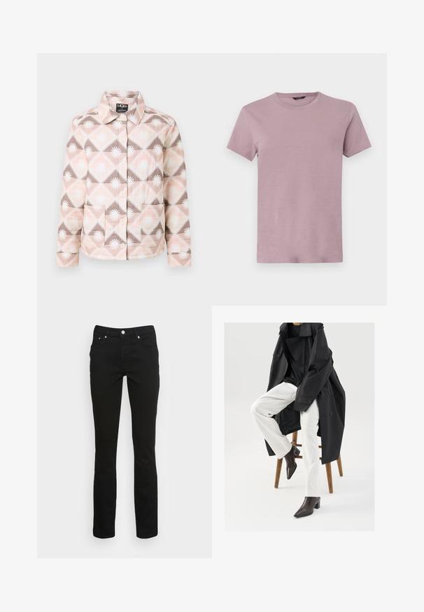 Gequilte jas met een geometrisch patroon in roze, beige en bruin. Voorzien van een kraag, knoopsluiting en twee voorkruiszakken.; Heren crew neck t-shirt in licht mauve, gemaakt van zacht materiaal. Korte mouwen, reguliere pasvorm, met een gladde structuur en zonder zichtbare patronen.; Zwarte slim-fit jeans met een voorknoop en rits, voorzien van twee voorzakken en riemlussen op een effen witte achtergrond.; Zwarte, oversized trenchcoat over een zwart top, gecombineerd met witte broek en bruine, puntige enkellaarsjes, zittend op een houten kruk.