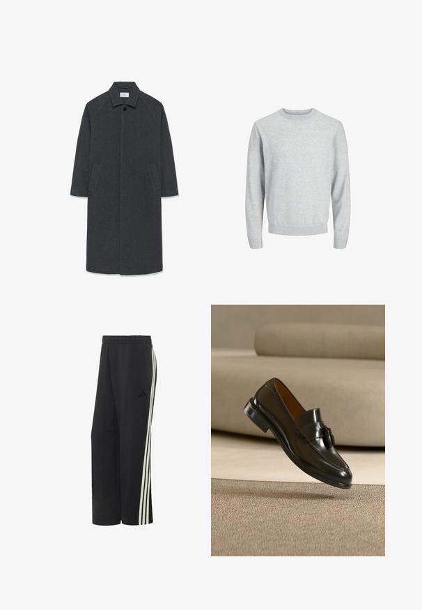 Donkergrijze lange wollen jas met brede kraag, verborgen voorknopjes en twee schuine zijzakken, maat medium.; Lichtgrijze crewneck sweatshirt met een gladde textuur, ribgebreide manchetten en zoom, met een klassieke, relaxte pasvorm zonder patronen of versieringen.; Zwarte Adidas trainingsbroek met elastische taille en drie witte strepen langs de buitenzijde van elke pijp.; Zwarte leren loafer met kwastje zwevend boven een beige tapijt met een beige bank op de achtergrond.