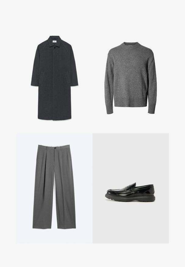 Mørkegrå langt uldfrakke med bred krave, skjulte forknapper og to skrå sidelommer, størrelse medium.; Grå langærmet crewneck sweater med ribbede manchetter, kant og halsudskæring, lavet af blødt strikstof.; Grå formelle bukser med lige ben, for-tilslag, sidelommer, bæltestropper og forlukning foran med knap og lynlås.; Sort læderloafer med en blank finish, rund tå, subtile syninger og en tyk gummisål for holdbarhed.