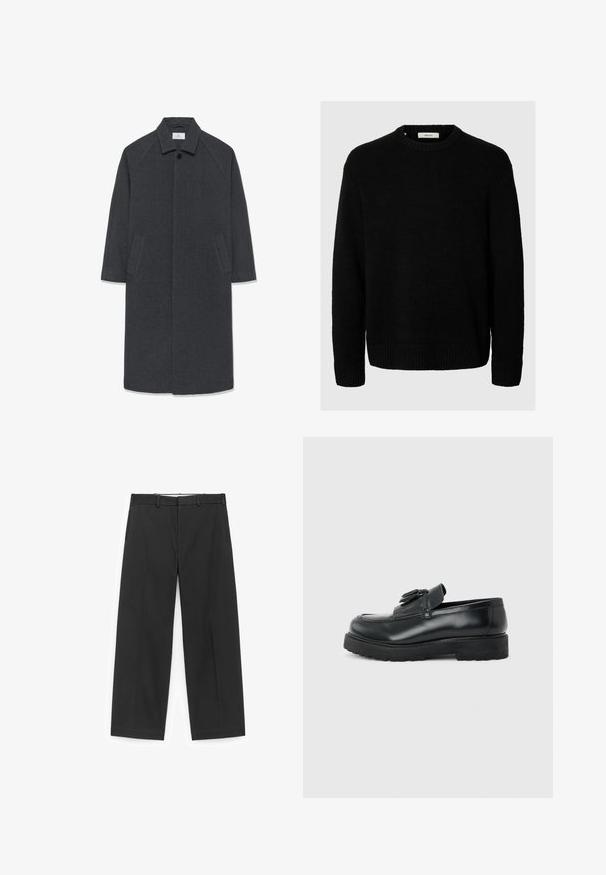 Mørkegrå langt uldfrakke med bred krave, skjulte forknapper og to skrå sidelommer, størrelse medium.; Sort strikket sweater med rund hals, lange ærmer, ribbede manchetter og kant. Textureret stof med blød finish. Mærketikette på halsudskæringen.; Sorte viddebukser lavet af glat stof, med en talje med bæltestropper og sidelommer, i et rent, minimalistisk design.; Sort læderloafer med kvaster, tyk gummisål og lav hæl, vist i sideprofil på en ensfarvet baggrund.