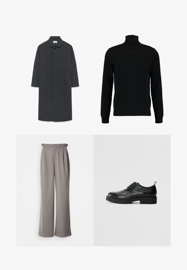 Mørkegrå langt uldfrakke med bred krave, skjulte forknapper og to skrå sidelommer, størrelse medium.; Sort turtleneck sweater lavet af et blødt strikmateriale. Har lange ærmer, ribbet krave og kant. Enkel, slank design uden mønstre.; Lysegrå wide-leg bukser lavet af vævet stof. Funktioner folder ved taljen og bæltestropper. Glat tekstur og fuldlængde design.; Sort læder sko med en rund tå, der har snørelukning, solid sort gummisål og en lille hælflap bagpå.
