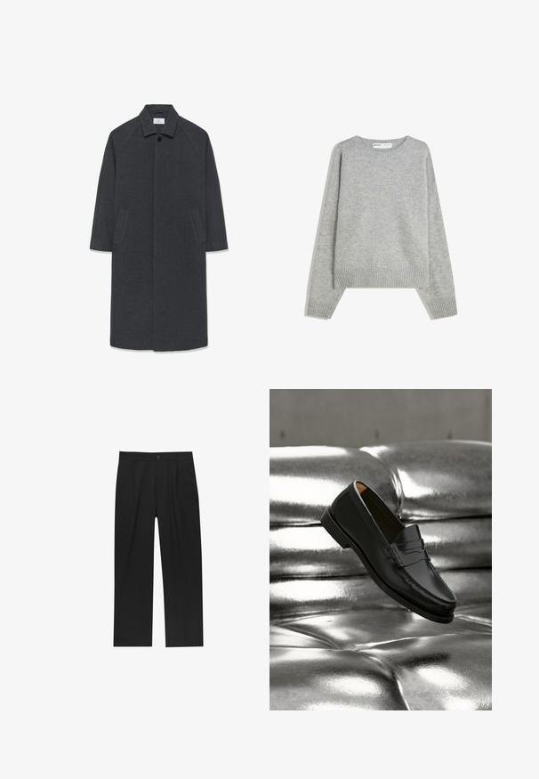 Manteau long en laine gris foncé avec un large col, boutons avant dissimulés et deux poches latérales inclinées, taille moyenne.; Pull en tricot gris avec un col rond, des poignets et un ourlet côtelés, offrant une coupe décontractée et une texture douce.; Pantalons noirs au design droit, fabriqués à partir d'un tissu lisse. Dotés de plis sur le devant et d'une fermeture à un bouton à la taille.; Mocassin en cuir noir flottant au-dessus d'un canapé en cuir argenté brillant matelassé à boutons dans un décor minimaliste.