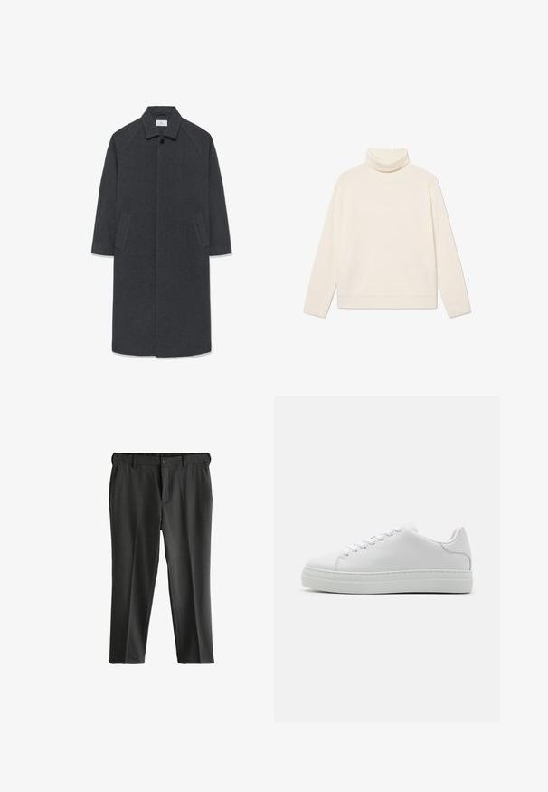 Mørkegrå langt uldfrakke med bred krave, skjulte forknapper og to skrå sidelommer, størrelse medium.; Cremefarvet ribbet turtleneck sweater lavet af blødt stof, med lange ærmer og en afslappet pasform, samt en foldet krave og kant.; Grå skræddersyede bukser med flad front, to sidelommer og knaplukning. Glat stof med en subtil tekstur og pressede folder.; Hvide lædersneakers med en chunky platformsål, rund tå og seks snørehuller. Glat tekstur med subtile syninger.