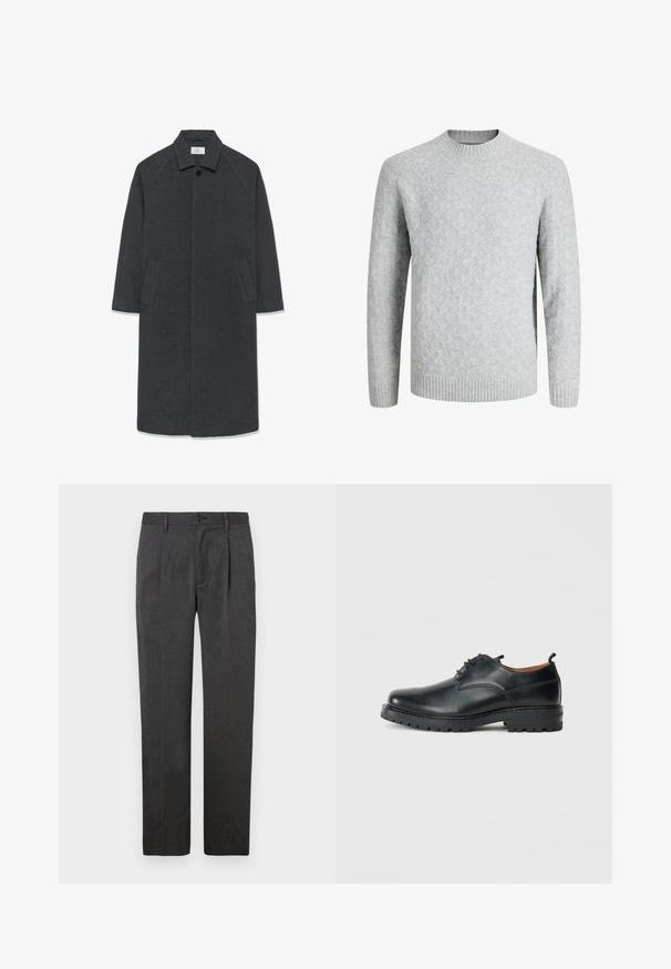 Manteau long en laine gris foncé avec un large col, boutons avant dissimulés et deux poches latérales inclinées, taille moyenne.; Pull gris clair en maille avec motif losange, col rond, poignets et ourlet côtelés, manches longues, adapté par temps froid.; Pantalons gris sur mesure avec une coupe droite, dotés d'un pli avant, d'une fermeture éclair et d'un bouton. Texture lisse, design classique.; Chaussures derby en cuir noir avec une texture lisse, bout rond, design à lacets et une semelle en caoutchouc épaisse et robuste.