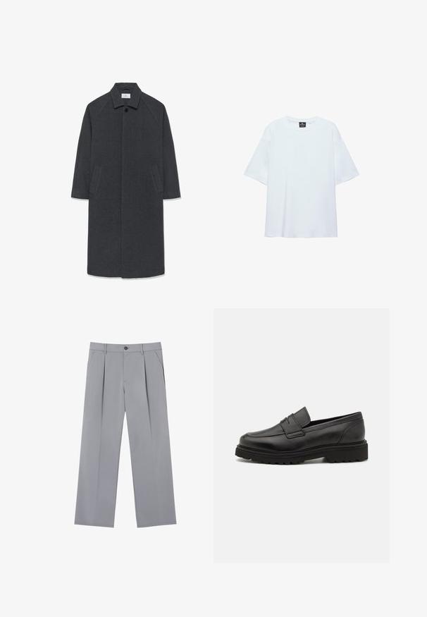 Mørkegrå langt uldfrakke med bred krave, skjulte forknapper og to skrå sidelommer, størrelse medium.; Hvid, oversized T-shirt med korte ærmer og rund halsudskæring, med en sort etiket inde i kraven på en hvid baggrund.; Grå plisserede bukser med en afslappet pasform, lavet af et letvægtsstof. Har forlommer og en knaplukning i taljen.; Sort læder loafersko med rund tå, syningsdetaljer og en tyk, struktureret sål. Har et elegant, minimalistisk design.