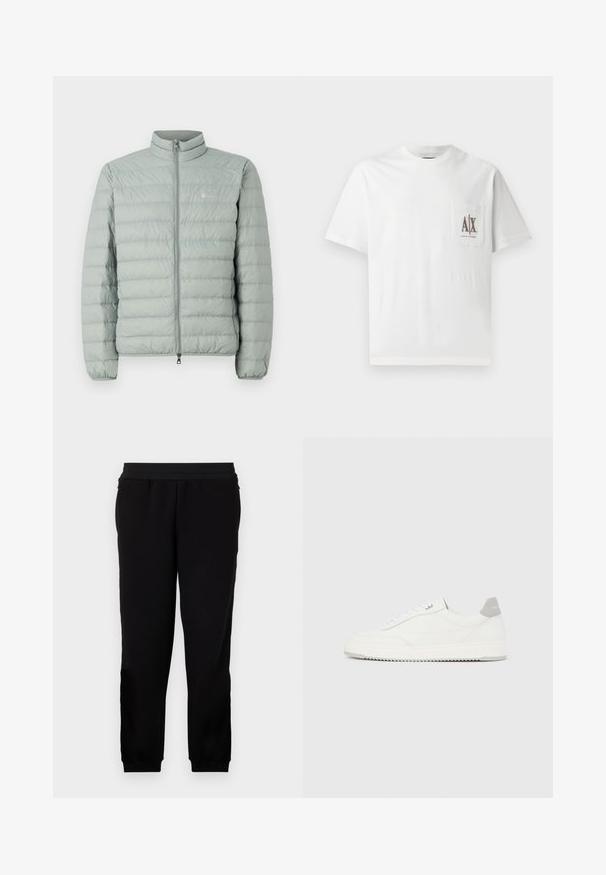 Helle grüne Pufferjacke mit hohem Kragen, Reißverschluss und horizontalem Steppmuster. Verfügt über ein kleines Logo auf der Brust.; Weißes Baumwoll-T-Shirt mit kurzen Ärmeln, einem Rundhalskragen und einer linken Brusttasche mit einem gestickten "A|X"-Logo in Braun.; Schwarze Sweatpants aus einem weichen Material, mit elastischem Bund, eng anliegenden Bündchen und Seitentaschen für zusätzlichen Komfort.; Weißer Sneaker mit niedrigem Schaft, grauem Fersenlaschen, weißen Schnürsenkeln und einer strukturierten Sohle, dargestellt vor einem schlichten hellen Hintergrund.