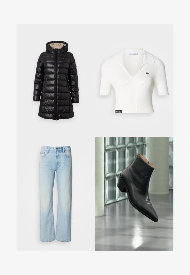 Doudoune noire avec un zip sur le devant, une capuche et deux poches latérales. Fabriquée en matériau brillant avec un motif matelassé et un design léger.; Polo shirt cropped blanc côtelé avec un col en V, des manches courtes et un logo crocodile Lacoste vert sur la poitrine gauche. Étiquette noire à l'ourlet.; Jeans à jambes larges bleu clair en denim, présentant un design classique à cinq poches et une texture légèrement décolorée. La couture en denim est visible.; Bottine en cuir noir avec un bout pointu et un talon carré lévitant au-dessus d'un sol gris réfléchissant près d'un mur en blocs de verre.