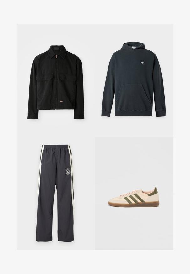 Zwarte katoenen jasje met een ritssluiting, puntkraag, twee voorzakken en een logo patch aan de zoom. Gladde textuur, casual ontwerp.; Zwarte Adidas hoodie met voorzak en klein wit Adidas-logo op de linkerborst, weergegeven op een effen achtergrond.; Donkergrijze trainingsbroek met witte zijstrepen, elastische tailleband en een rond logo met drie sterren op de linker dij. Lichtgewicht stof.; Beige Adidas Spezial sneaker met een laag profiel, groene strepen, een gumkleurige zool en "SPEZIAL" branding aan de zijkant, gezien vanaf de buitenzijde.